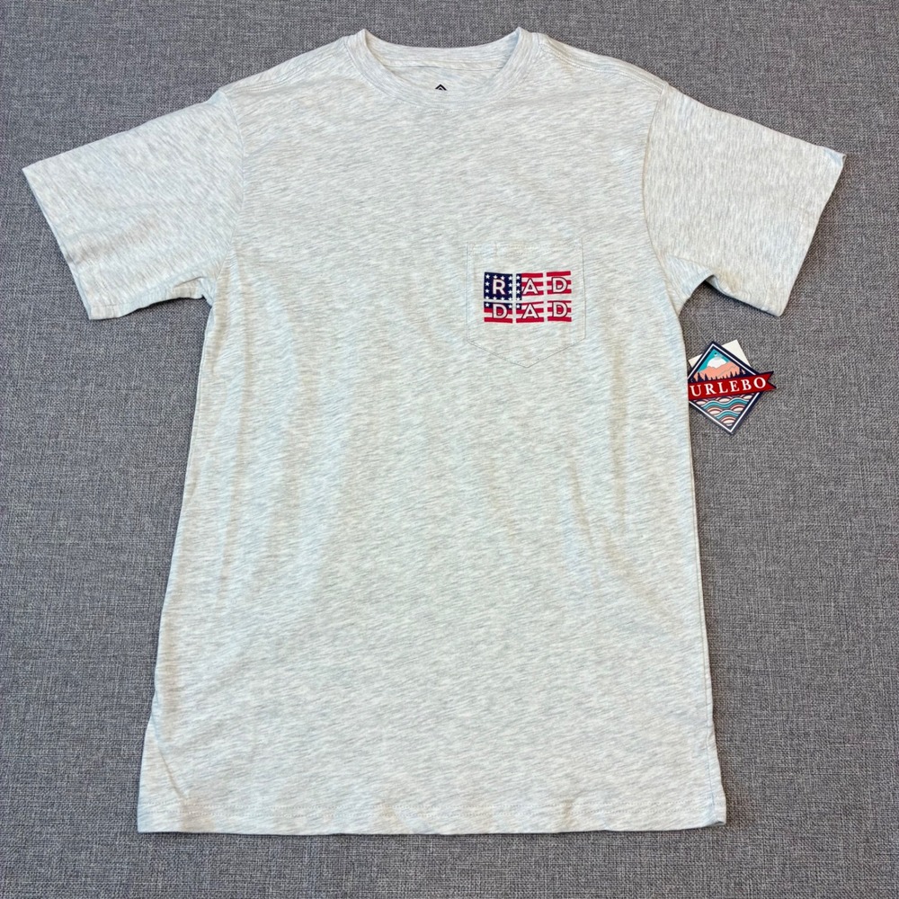 Burlebo T-Shirt Men Small Gray Rad Dad American Flag Pocket Tee NWT Patriotic
